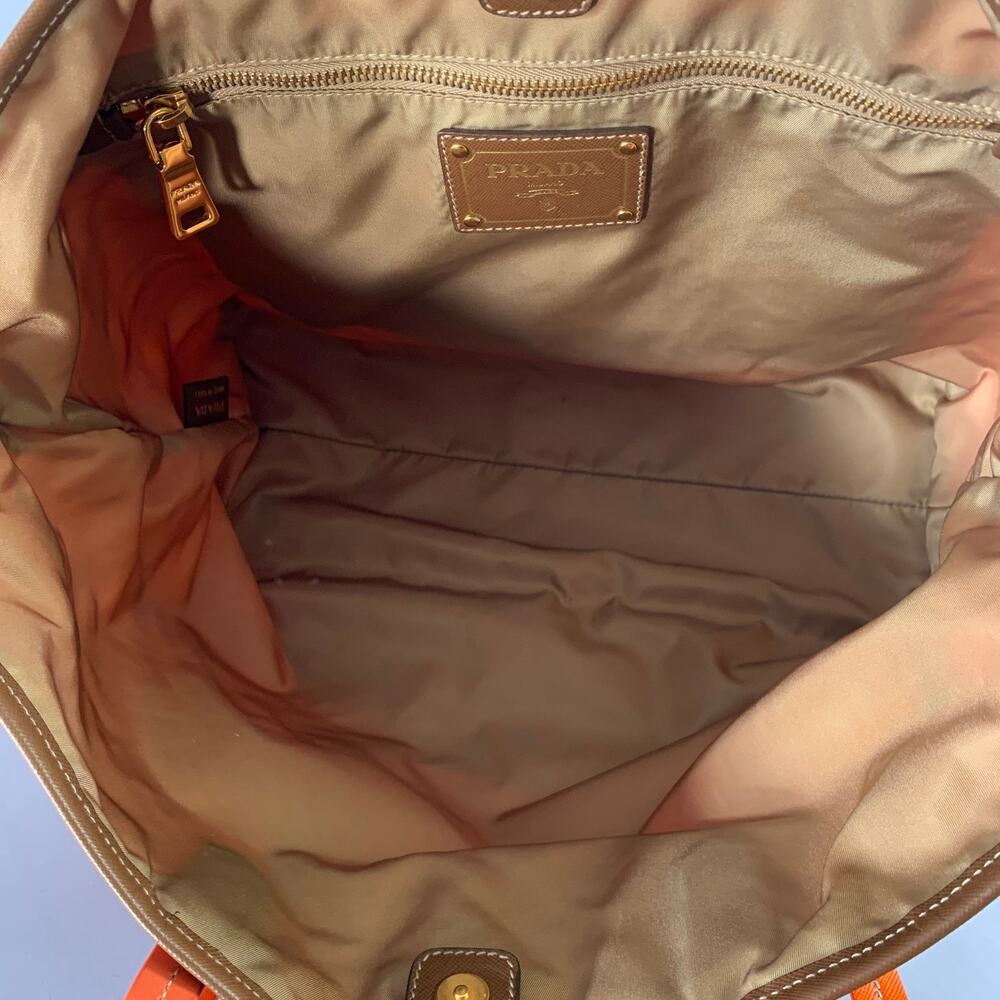 PRADA Orange Gold Saffiano Nylon Leather Trim Tote Handbag - Picture 8 of 12